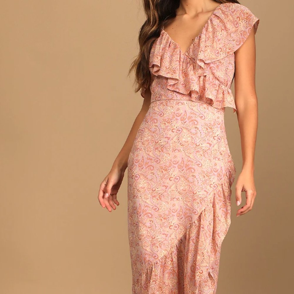 Lulu's Dreamy Vibe Lavender Paisley Print Ruffled Asymmetrical Dress Size XSmall